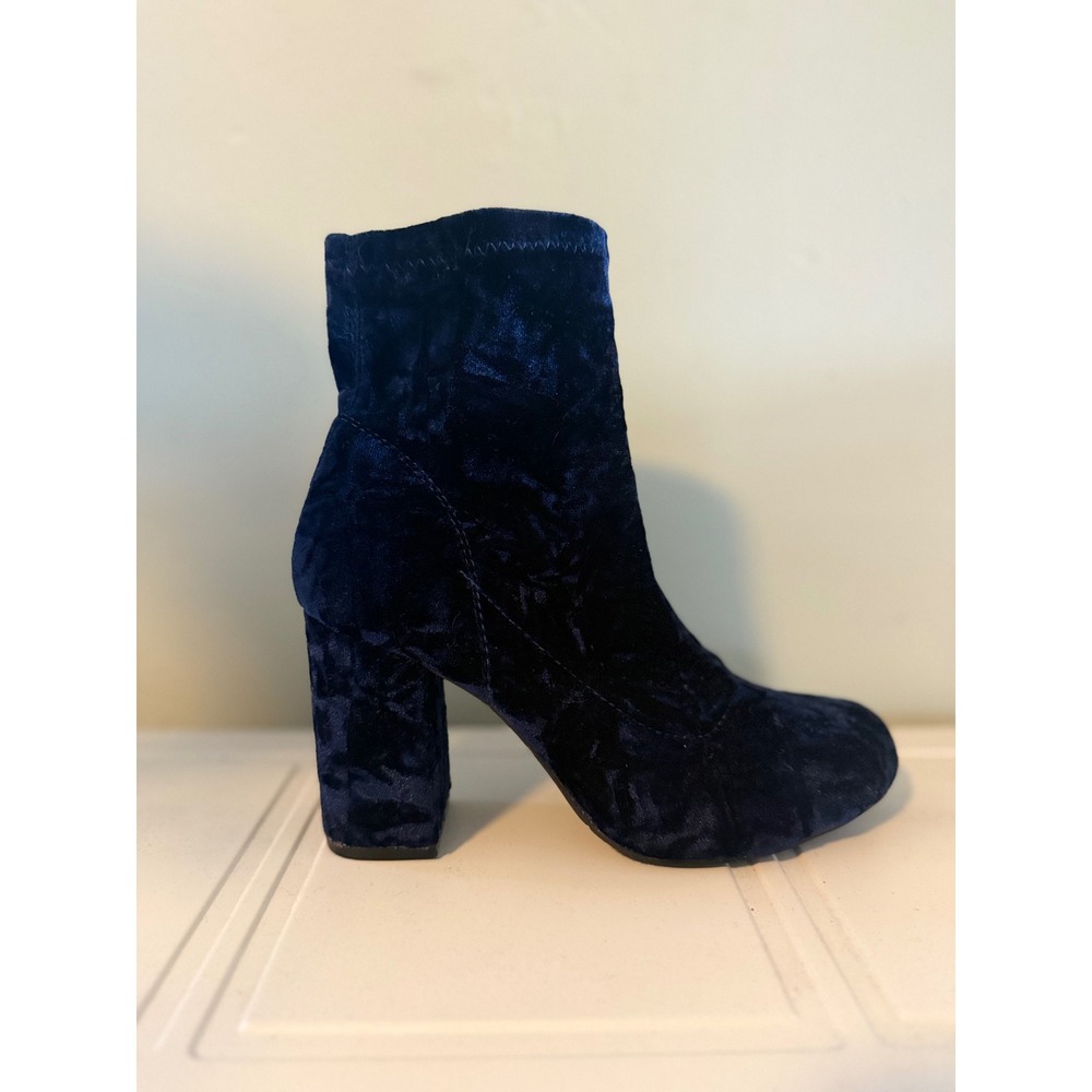 Blue Velvet Ankle Boots Block Heel Round Toe Booties whimsigoth  Y2K Women 7 m - Picture 2 of 8